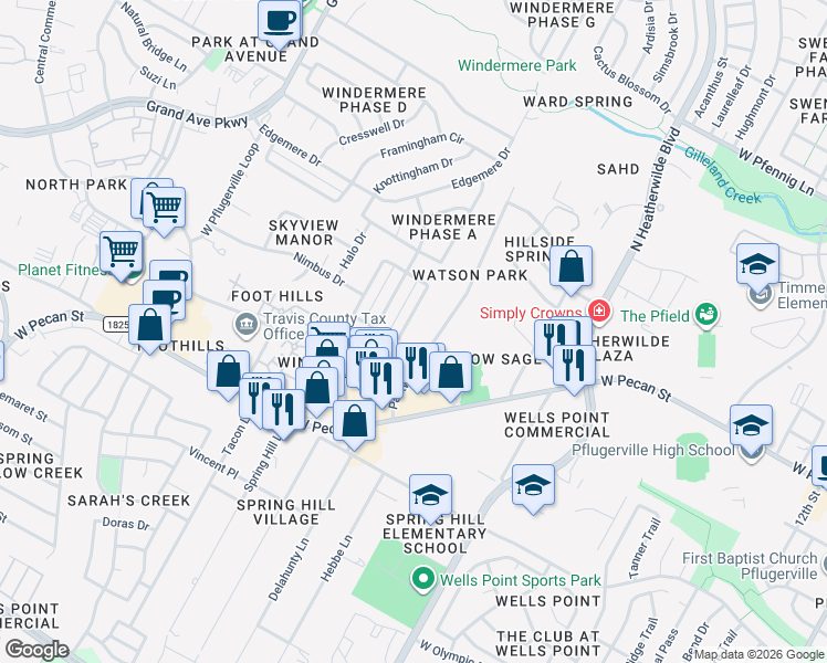 map of restaurants, bars, coffee shops, grocery stores, and more near 16002 Parkway Drive in Pflugerville