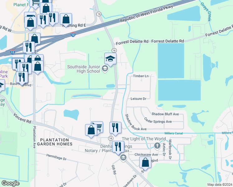 map of restaurants, bars, coffee shops, grocery stores, and more near 26535 Louisiana 16 in Denham Springs