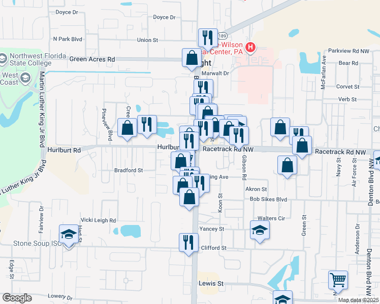 map of restaurants, bars, coffee shops, grocery stores, and more near 824 Beal Parkway Northwest in Fort Walton Beach