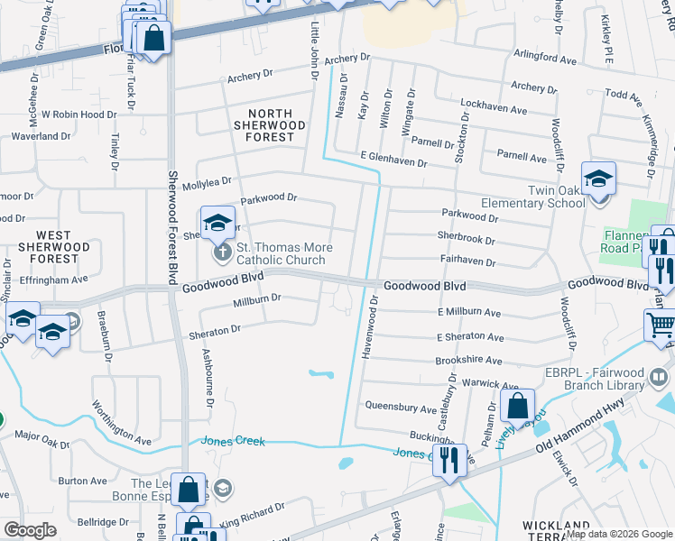 map of restaurants, bars, coffee shops, grocery stores, and more near 12000 Goodwood Boulevard in Baton Rouge
