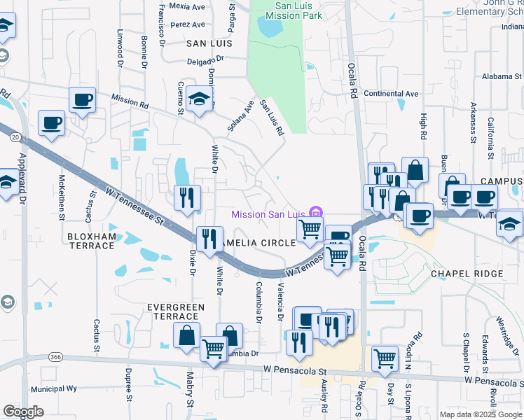 map of restaurants, bars, coffee shops, grocery stores, and more near 776 Timberwood Circle East in Tallahassee