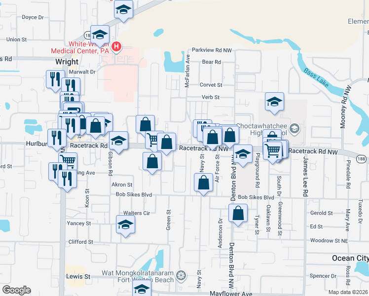 map of restaurants, bars, coffee shops, grocery stores, and more near 317 Racetrack Road Northwest in Wright