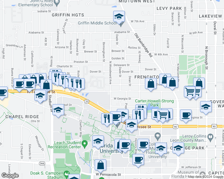 map of restaurants, bars, coffee shops, grocery stores, and more near 701 North Woodward Avenue in Tallahassee