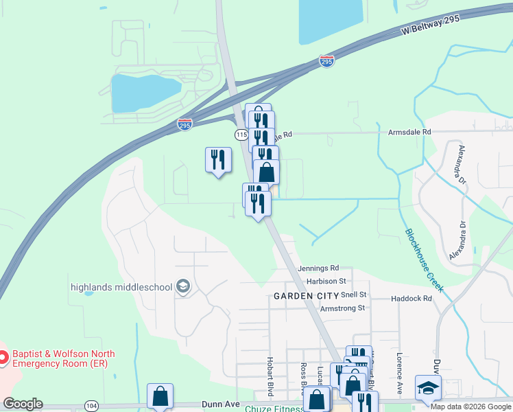 map of restaurants, bars, coffee shops, grocery stores, and more near 11754 Lem Turner Road in Jacksonville