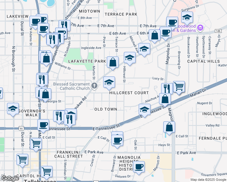 map of restaurants, bars, coffee shops, grocery stores, and more near 801 Baker Street in Tallahassee