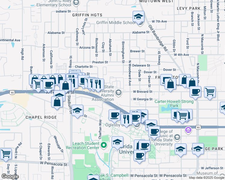 map of restaurants, bars, coffee shops, grocery stores, and more near 940 West Brevard Street in Tallahassee