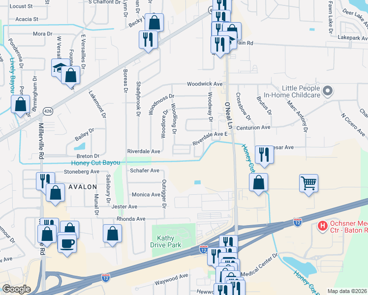 map of restaurants, bars, coffee shops, grocery stores, and more near 1419 Woodlong Drive in Baton Rouge