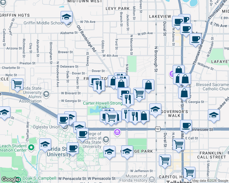 map of restaurants, bars, coffee shops, grocery stores, and more near 725 Old Bainbridge Rd in Tallahassee