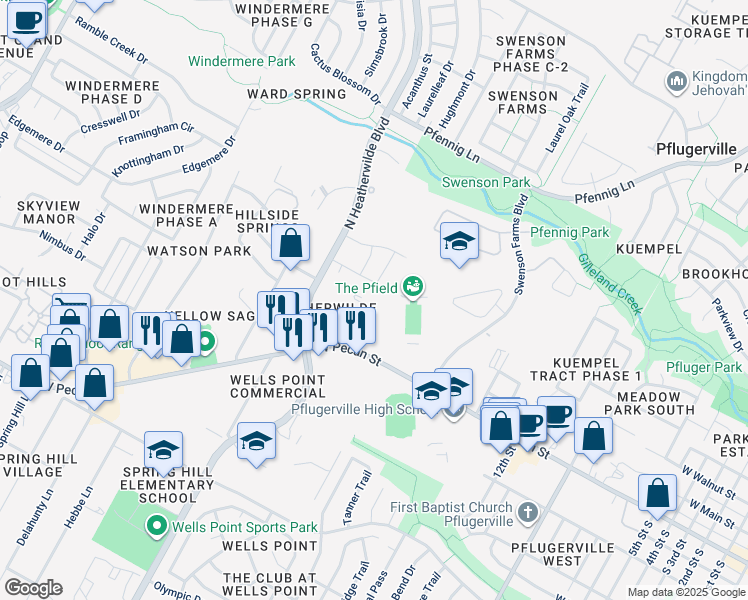 map of restaurants, bars, coffee shops, grocery stores, and more near 207 Homily Drive in Pflugerville