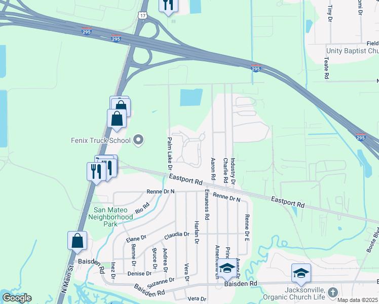 map of restaurants, bars, coffee shops, grocery stores, and more near 11701 Palm Lake Drive in Jacksonville
