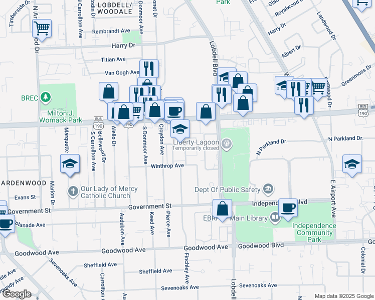 map of restaurants, bars, coffee shops, grocery stores, and more near 223 Ocean Drive in Baton Rouge