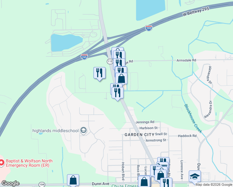 map of restaurants, bars, coffee shops, grocery stores, and more near 11754 Lem Turner Road in Jacksonville