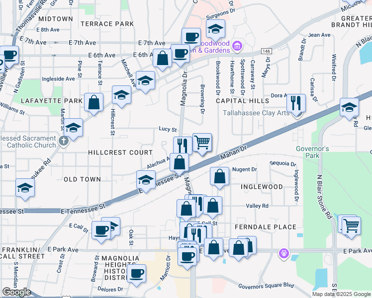 map of restaurants, bars, coffee shops, grocery stores, and more near 621 North Magnolia Drive in Tallahassee