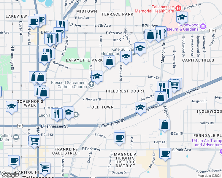 map of restaurants, bars, coffee shops, grocery stores, and more near 801 Baker Street in Tallahassee
