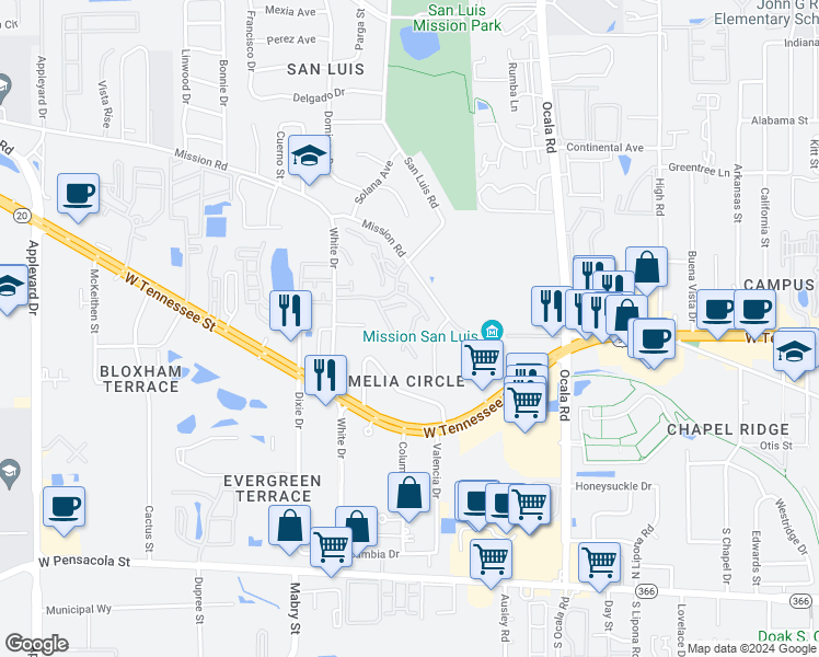 map of restaurants, bars, coffee shops, grocery stores, and more near 785 Timberway Court in Tallahassee