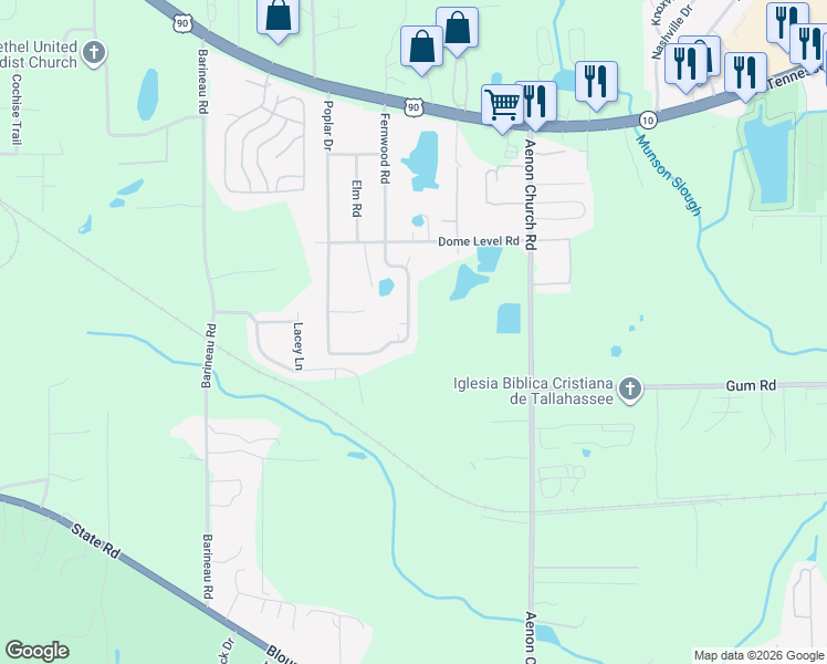 map of restaurants, bars, coffee shops, grocery stores, and more near 1131 Fernwood Road in Tallahassee