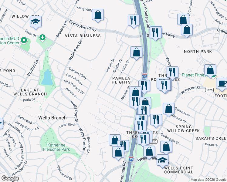 map of restaurants, bars, coffee shops, grocery stores, and more near 15308 Patrica Street in Austin