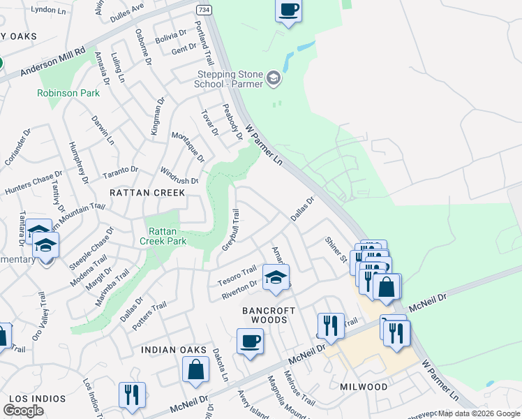 map of restaurants, bars, coffee shops, grocery stores, and more near 13259 Kerrville Folkway in Austin
