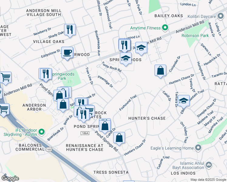 map of restaurants, bars, coffee shops, grocery stores, and more near 8708 Pineridge Drive in Austin