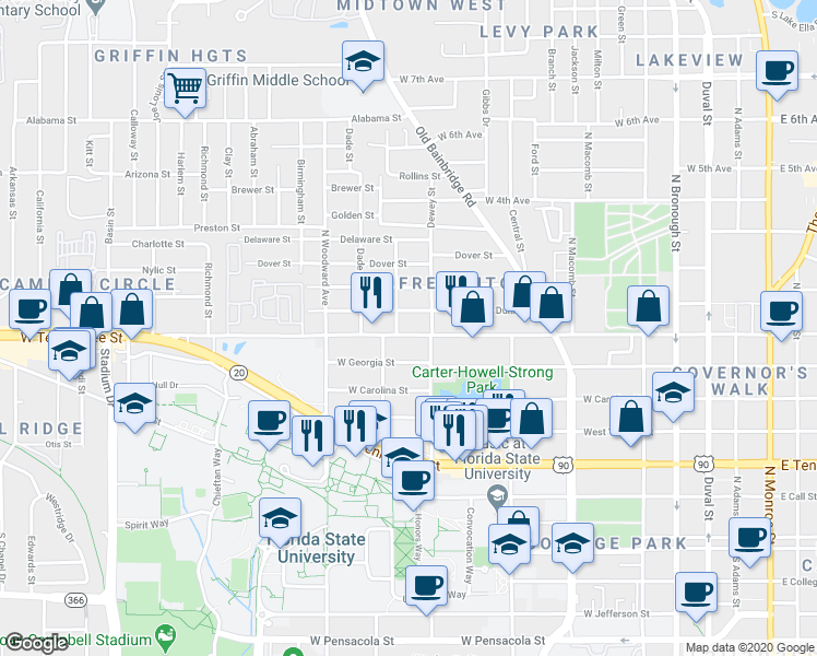 map of restaurants, bars, coffee shops, grocery stores, and more near 720 West Brevard Street in Tallahassee