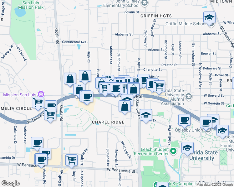 map of restaurants, bars, coffee shops, grocery stores, and more near 885 Campus Circle in Tallahassee