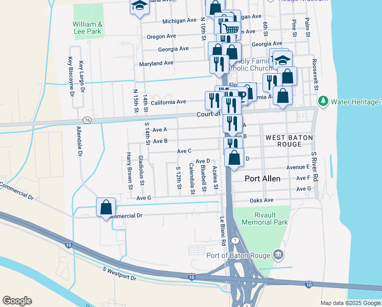 map of restaurants, bars, coffee shops, grocery stores, and more near 1125 Avenue B in Port Allen