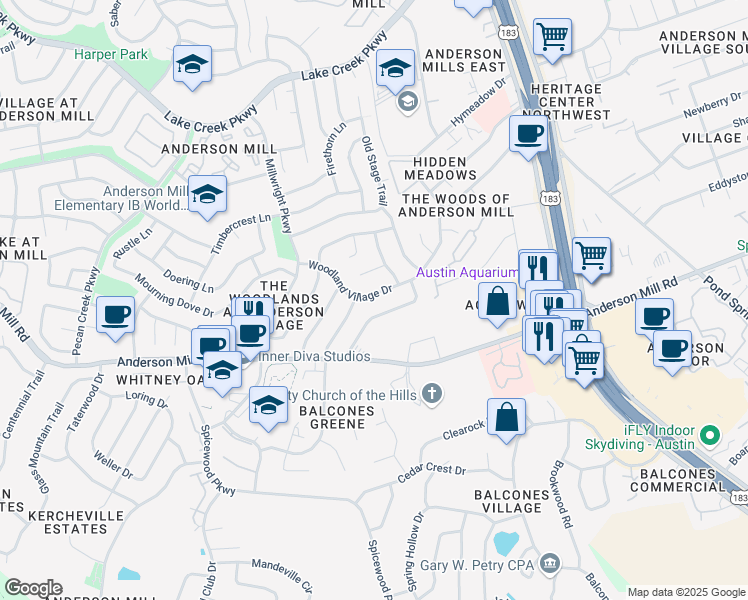 map of restaurants, bars, coffee shops, grocery stores, and more near 10103 Woodland Village Drive in Austin