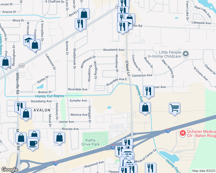 map of restaurants, bars, coffee shops, grocery stores, and more near 15654 Riverdale Avenue East in Baton Rouge