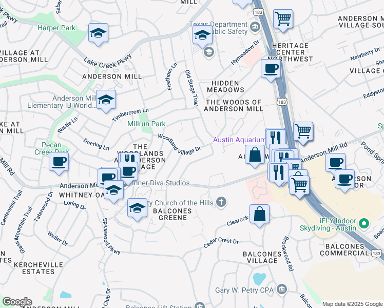 map of restaurants, bars, coffee shops, grocery stores, and more near 10103 Woodland Village Drive in Austin