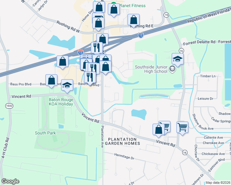 map of restaurants, bars, coffee shops, grocery stores, and more near 177 Shady Park Road in Denham Springs
