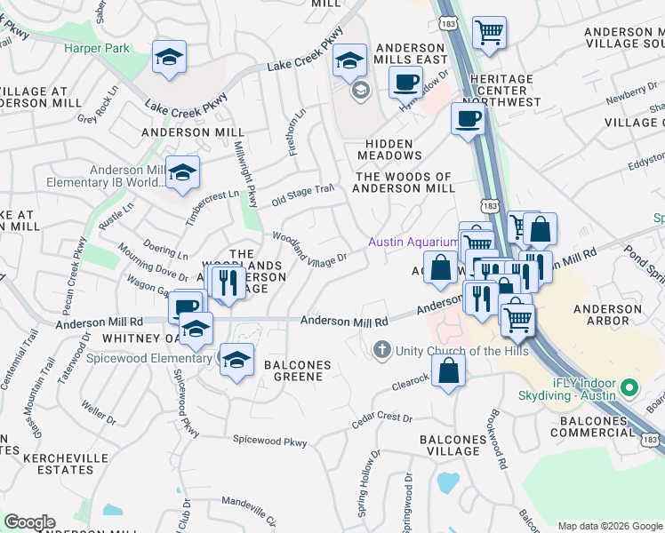 map of restaurants, bars, coffee shops, grocery stores, and more near 10070 Woodland Village Drive in Austin