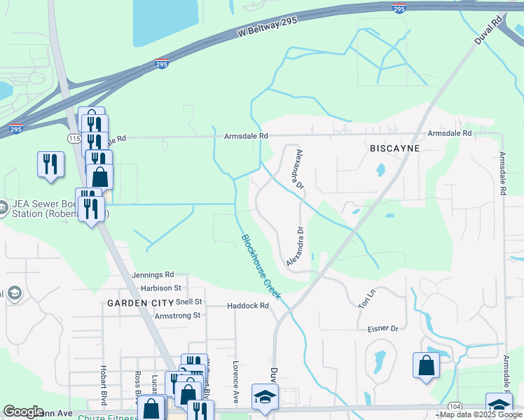 map of restaurants, bars, coffee shops, grocery stores, and more near 11827 Alexandra Drive in Jacksonville