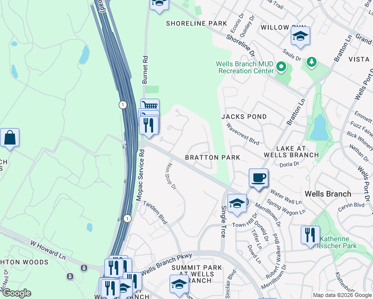 map of restaurants, bars, coffee shops, grocery stores, and more near Unnamed Road in Austin