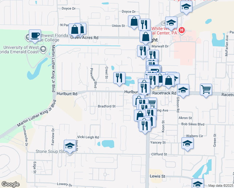 map of restaurants, bars, coffee shops, grocery stores, and more near 1814 Hurlburt Road in Fort Walton Beach