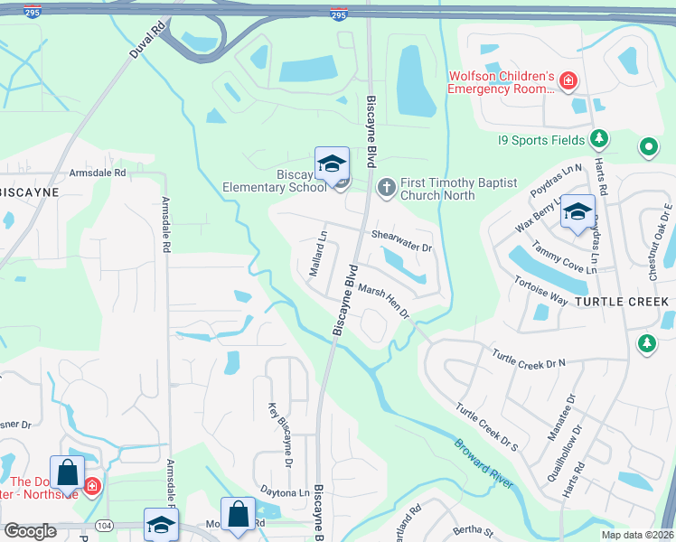 map of restaurants, bars, coffee shops, grocery stores, and more near 11780 Biscayne Boulevard in Jacksonville