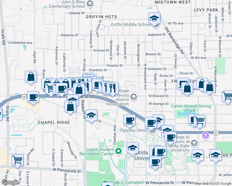 map of restaurants, bars, coffee shops, grocery stores, and more near 982 West Brevard Street in Tallahassee