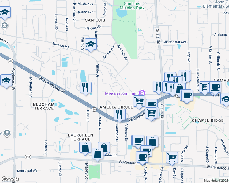 map of restaurants, bars, coffee shops, grocery stores, and more near 785 Timberway Court in Tallahassee