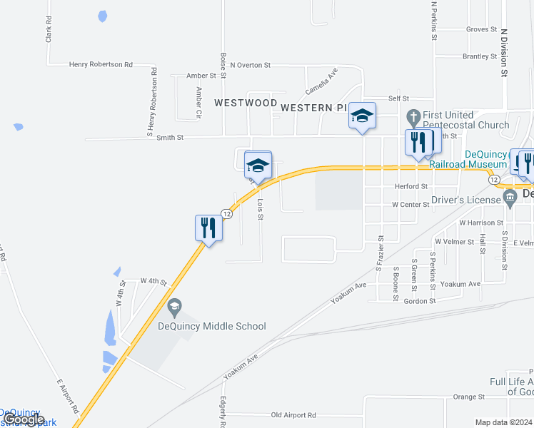 map of restaurants, bars, coffee shops, grocery stores, and more near 118 Lois Street in DeQuincy