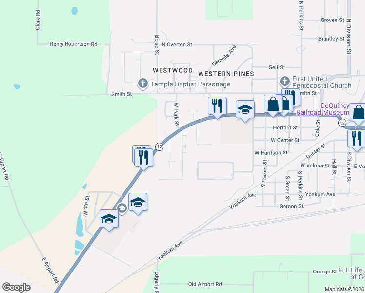 map of restaurants, bars, coffee shops, grocery stores, and more near 118 Lois Street in DeQuincy