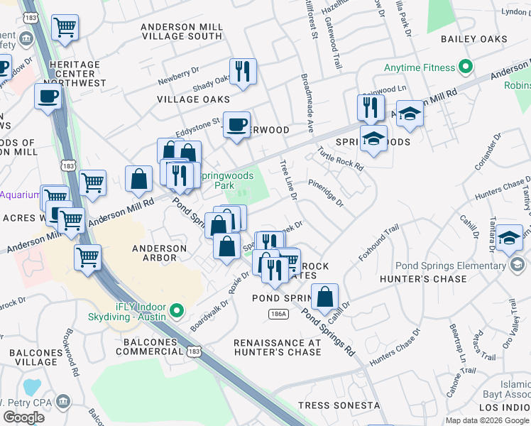 map of restaurants, bars, coffee shops, grocery stores, and more near 8908 Bubbling Springs Trail in Austin