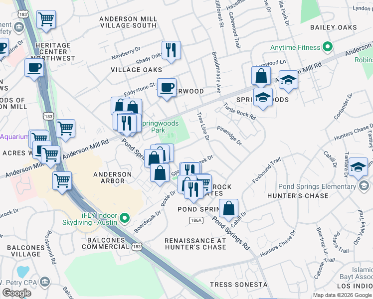 map of restaurants, bars, coffee shops, grocery stores, and more near 8908 Bubbling Springs Trail in Austin