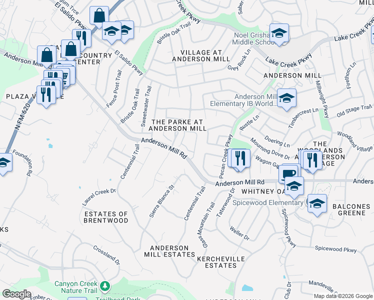 map of restaurants, bars, coffee shops, grocery stores, and more near 11000 Anderson Mill Road in Austin