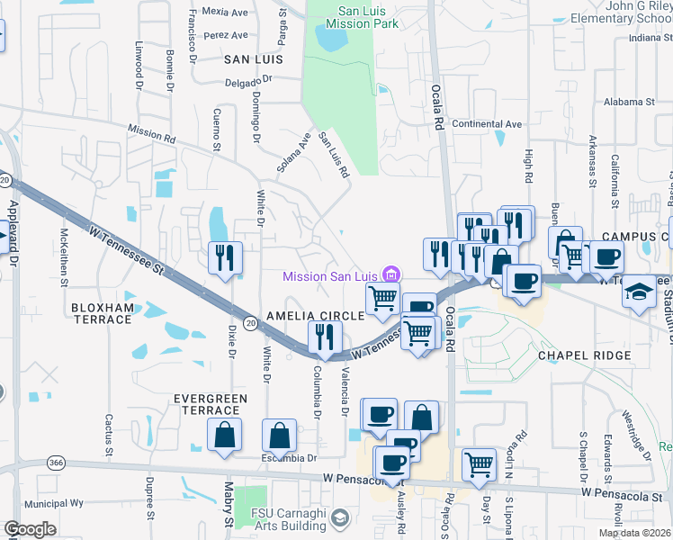 map of restaurants, bars, coffee shops, grocery stores, and more near 2199 Timberwood Circle North in Tallahassee