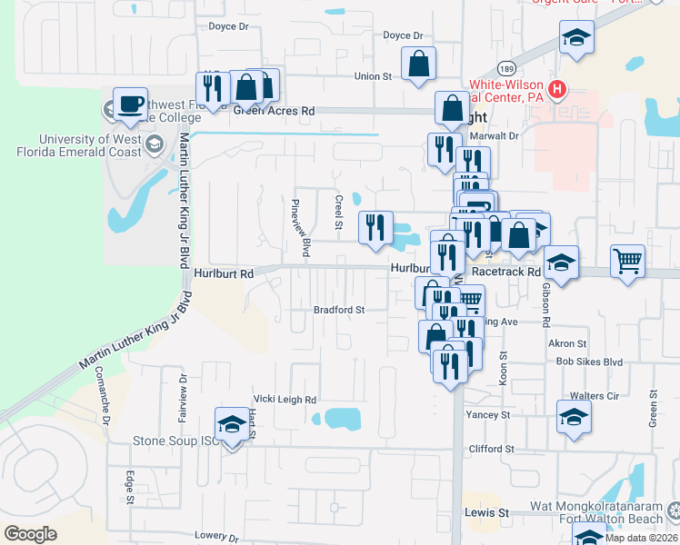 map of restaurants, bars, coffee shops, grocery stores, and more near 1797 Hurlburt Road in Fort Walton Beach