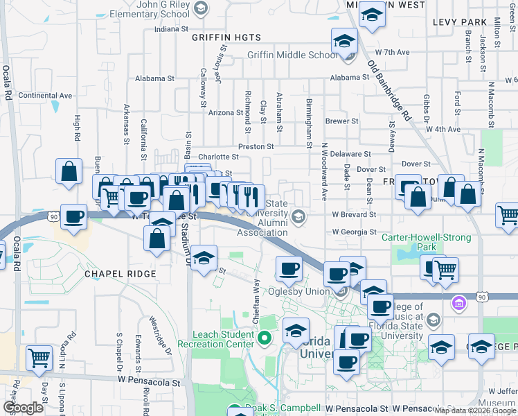 map of restaurants, bars, coffee shops, grocery stores, and more near 982 West Brevard Street in Tallahassee