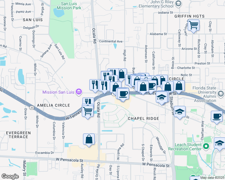 map of restaurants, bars, coffee shops, grocery stores, and more near 1962 West Tennessee Street in Tallahassee