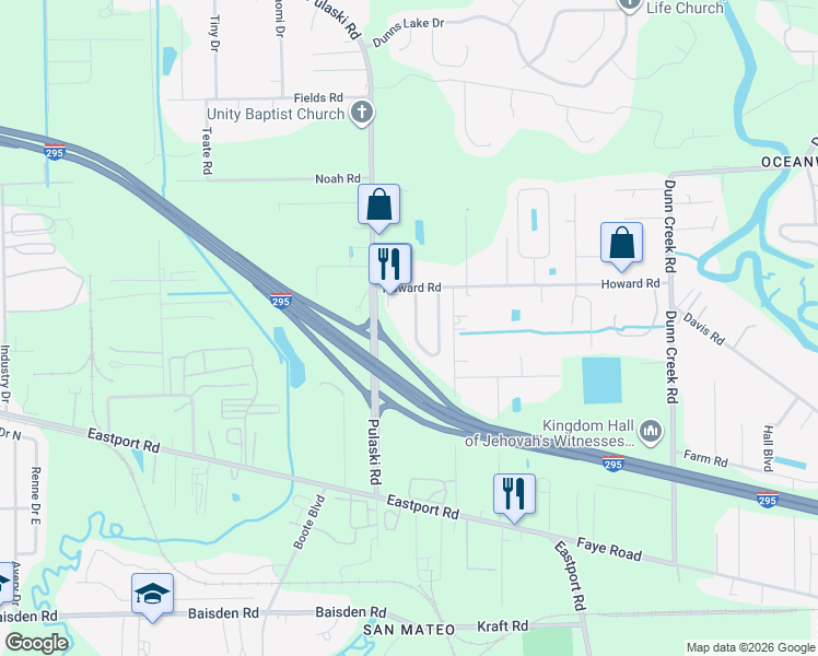 map of restaurants, bars, coffee shops, grocery stores, and more near 11878 Lake Bend Circle in Jacksonville