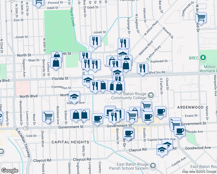 map of restaurants, bars, coffee shops, grocery stores, and more near 4746 Convention Street in Baton Rouge
