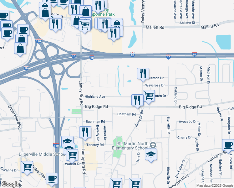 map of restaurants, bars, coffee shops, grocery stores, and more near 3121 Gable St in D'Iberville