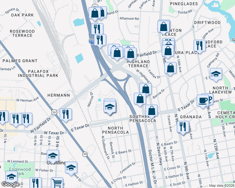 map of restaurants, bars, coffee shops, grocery stores, and more near 3302 North Roosevelt Street in Pensacola